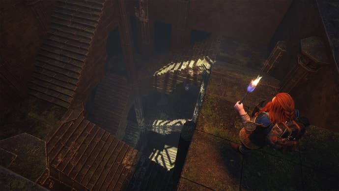 A dwarf looks down a bottomless series of steps leading downwards in The Lord Of The Rings: Return To Moria’s sandbox mode update.