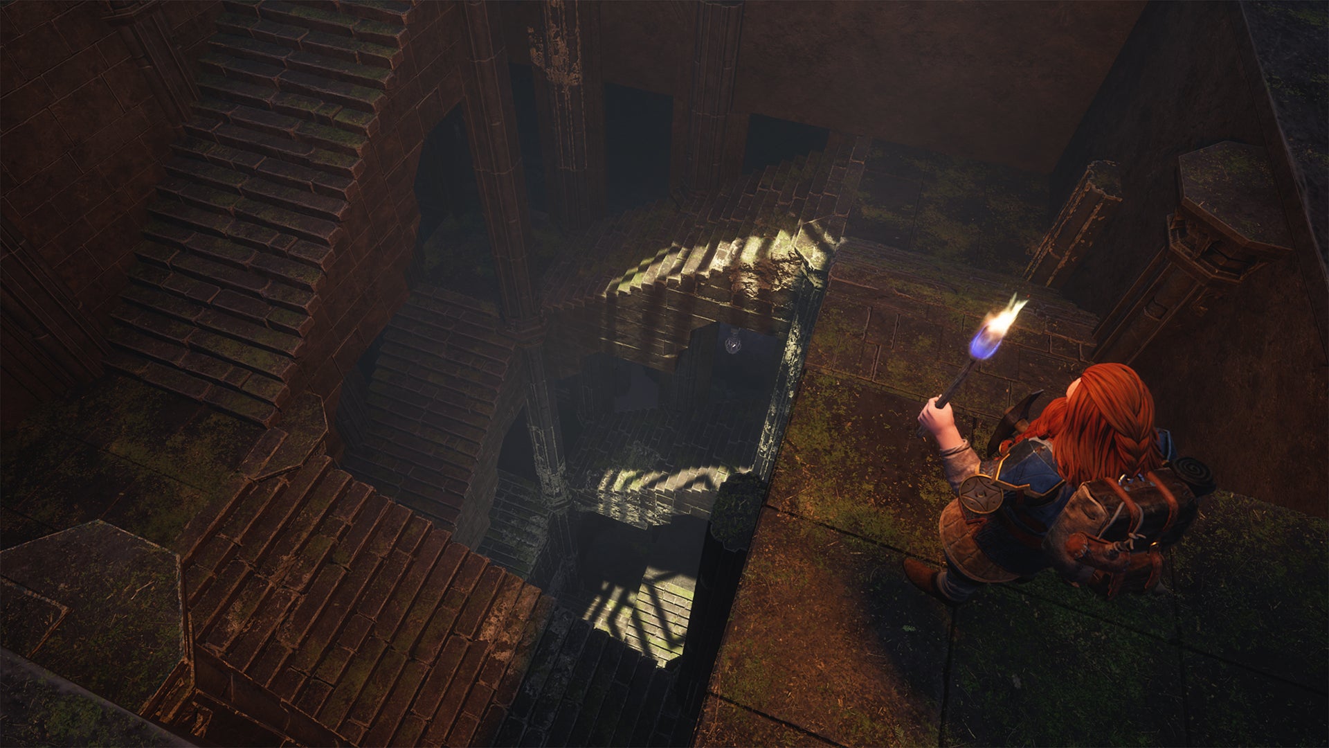 A dwarf looks down a bottomless series of steps leading downwards in The Lord Of The Rings: Return To Moria's sandbox mode update. - 1