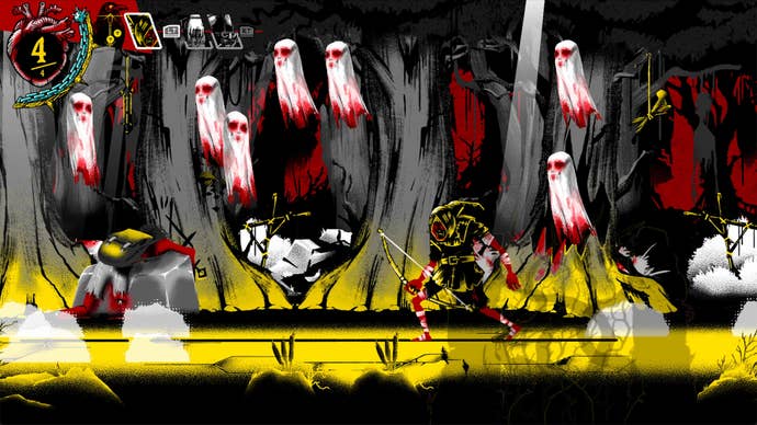 A bowman fights ghosts in Mork Borg: Heresy Supreme.