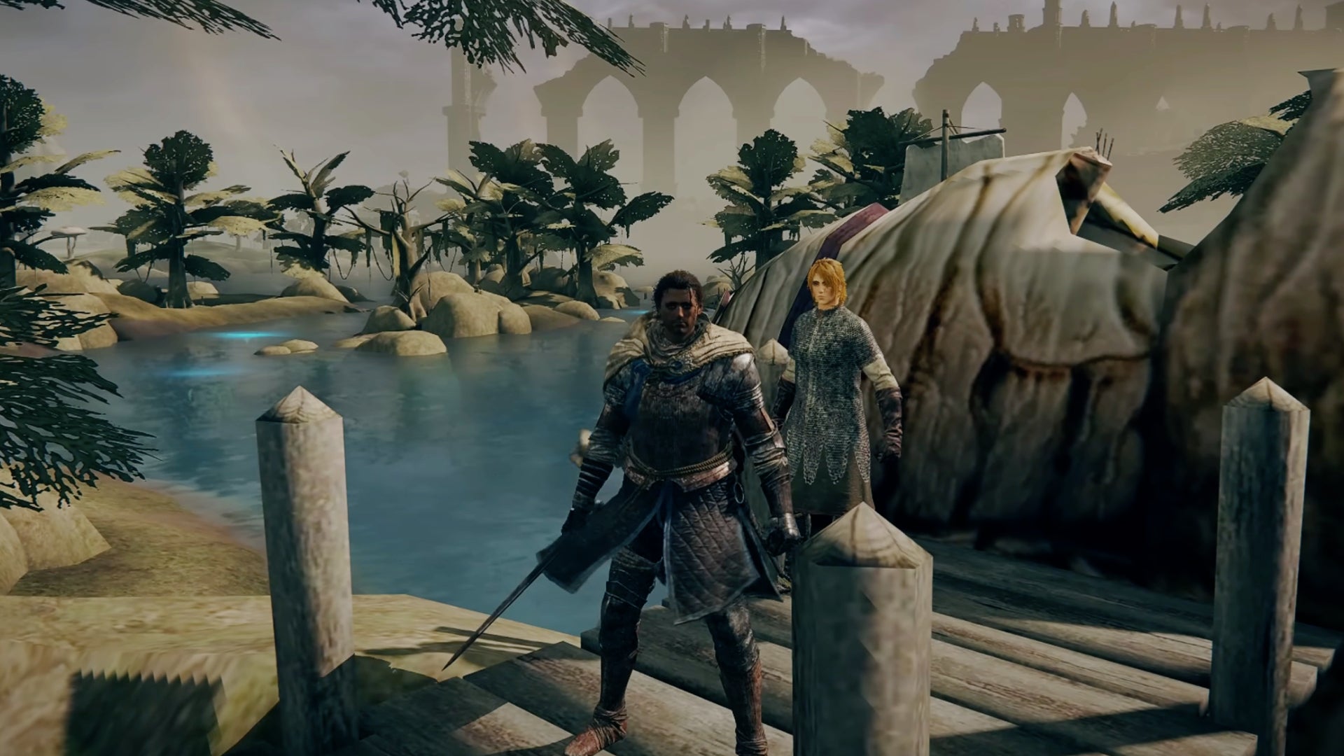 An Elden Ring character standing by a silt strider in the Morrowind Elden Ring mod. - 1