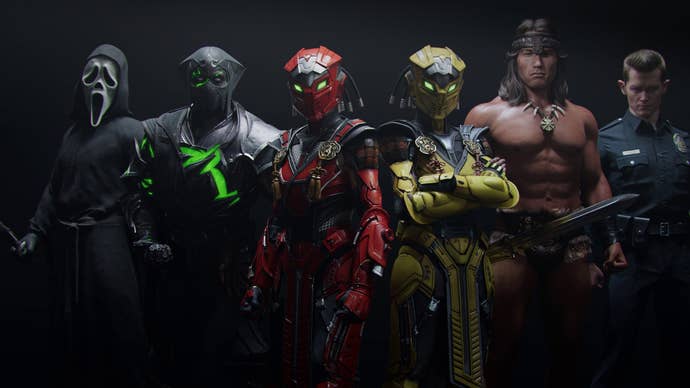 Ghostface from Scream, Noob Saibot, Sektor, Cyrax, Conan the Barbarian, and the T-1000 all lined up in a promotional image for Mortal Kombat 1.