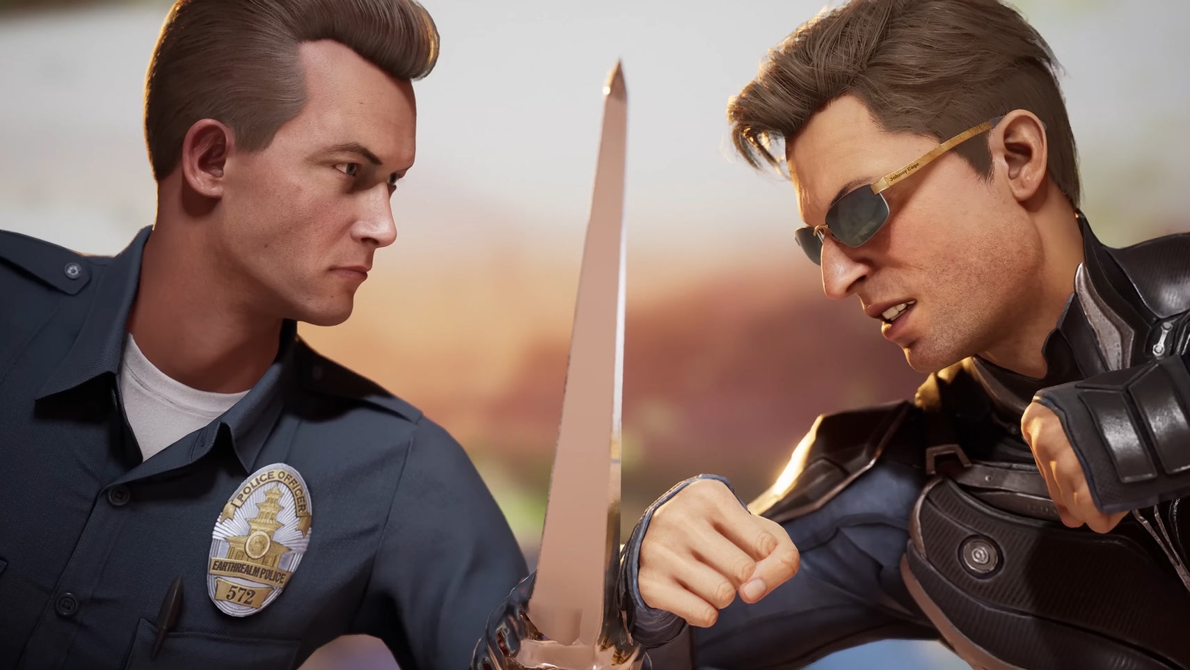 The T-1000 from Terminator 2 pressing his metallic, sharply-shaped arm against Johnny Cage's, both of them ready to fight in Mortal Kombat 1. - 1