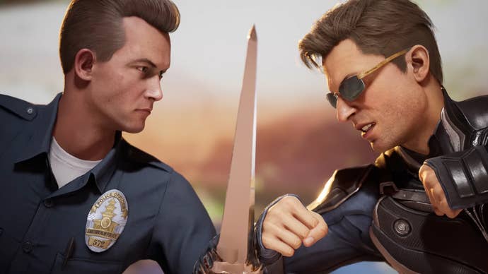 The T-1000 from Terminator 2 pressing his metallic, sharply-shaped arm against Johnny Cage’s, both of them ready to fight in Mortal Kombat 1.