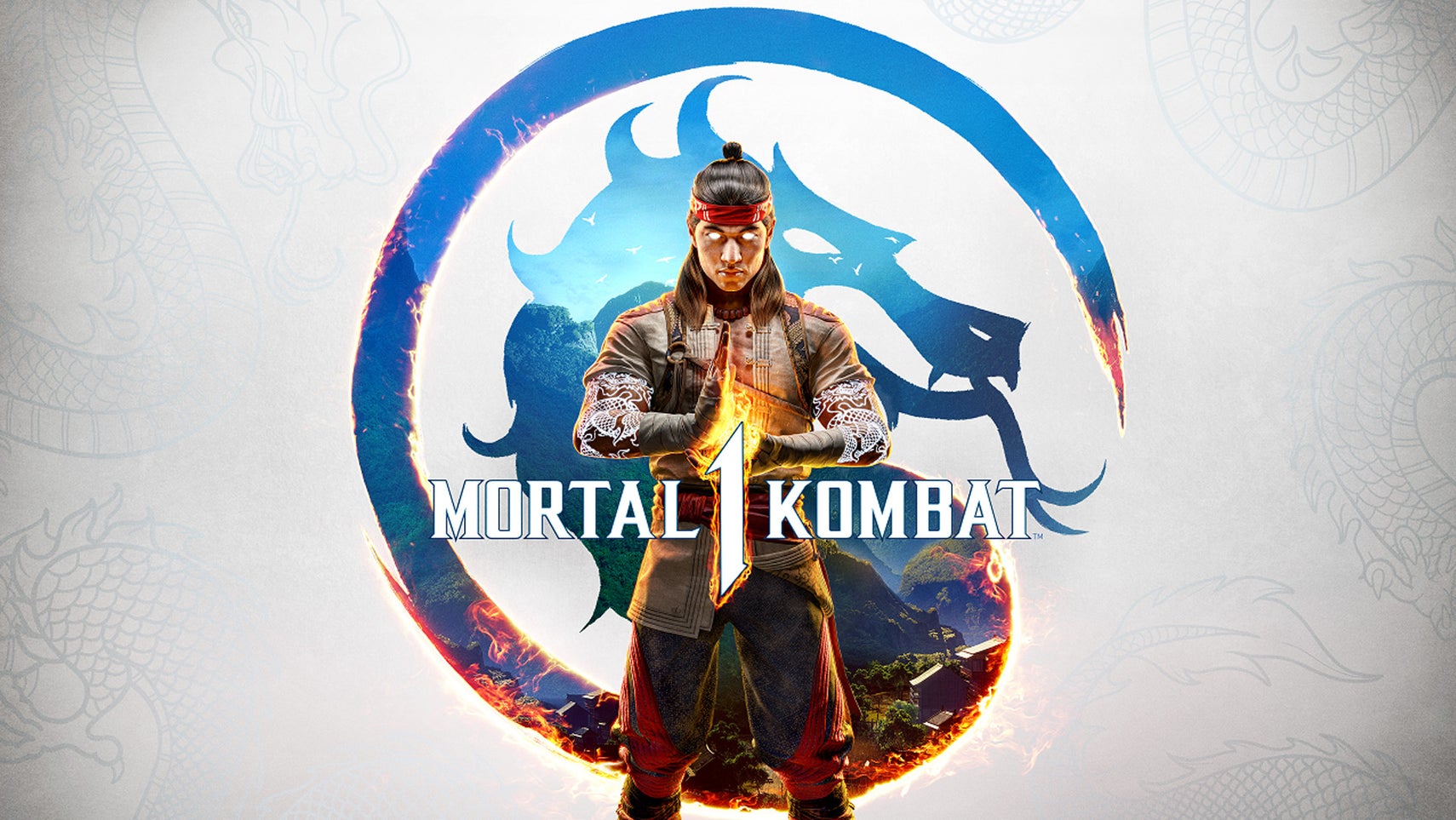 Key art for Mortal Kombat 1 showing Liu Kang, eyes glowing, stood with his left hand in a fist pressed against his right palm, the game's logo superimposed in front of him. - 1