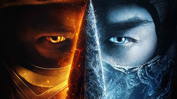 Mortal Kombat (2021) poster showing Scorpion and Sub Zero’s faces split by a dagger.