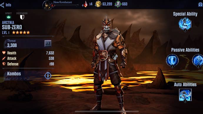 Character stats for Arctika Sub Zero in Mortal Kombat Onslaught.