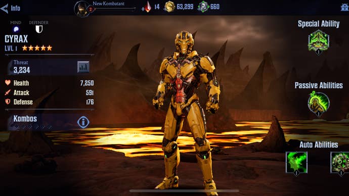 Character stats for Cyrax in Mortal Kombat Onslaught.