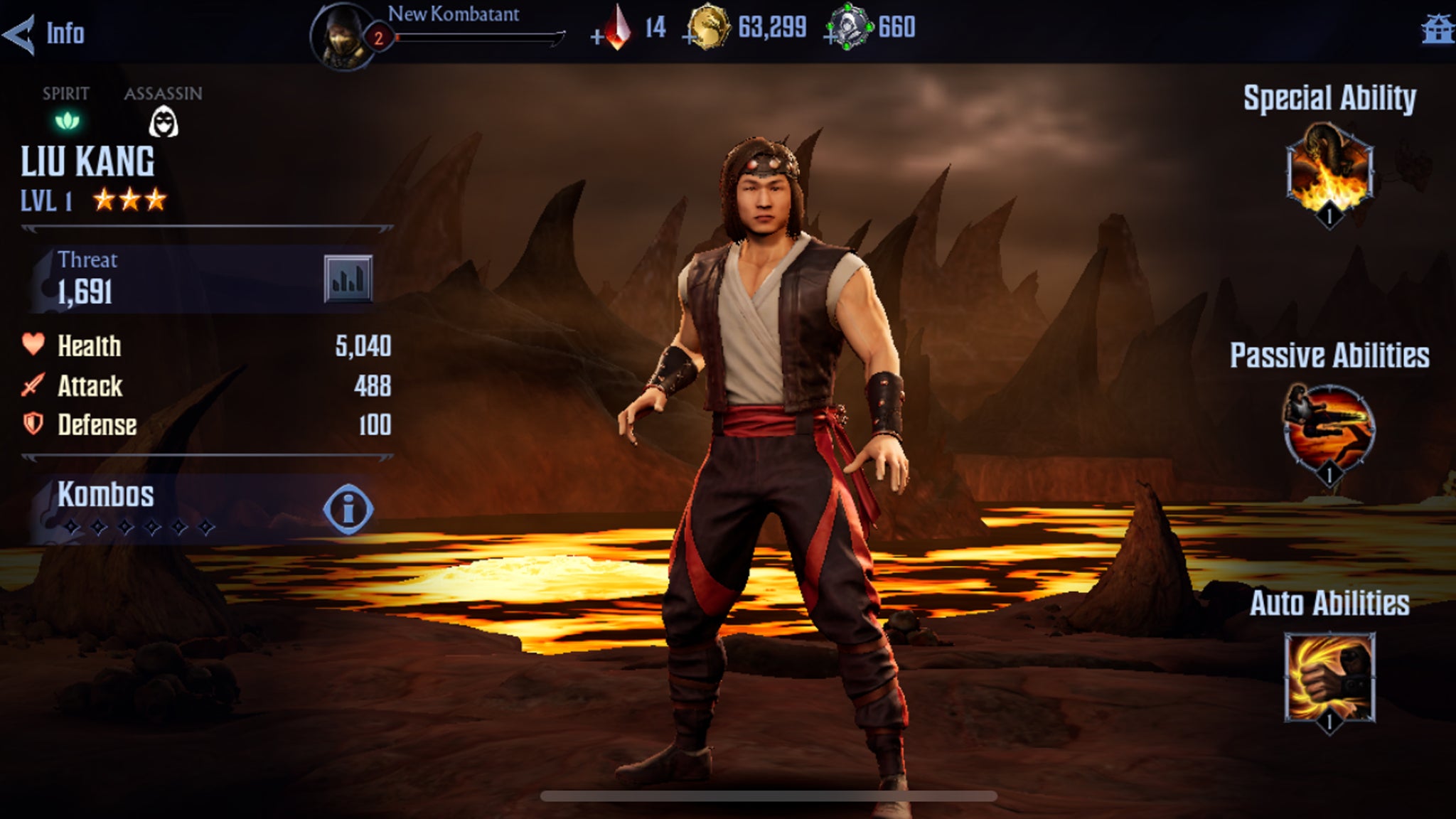 Character stats for Liu Kang in Mortal Kombat Onslaught. - 6
