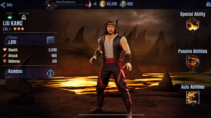 Character stats for Liu Kang in Mortal Kombat Onslaught.