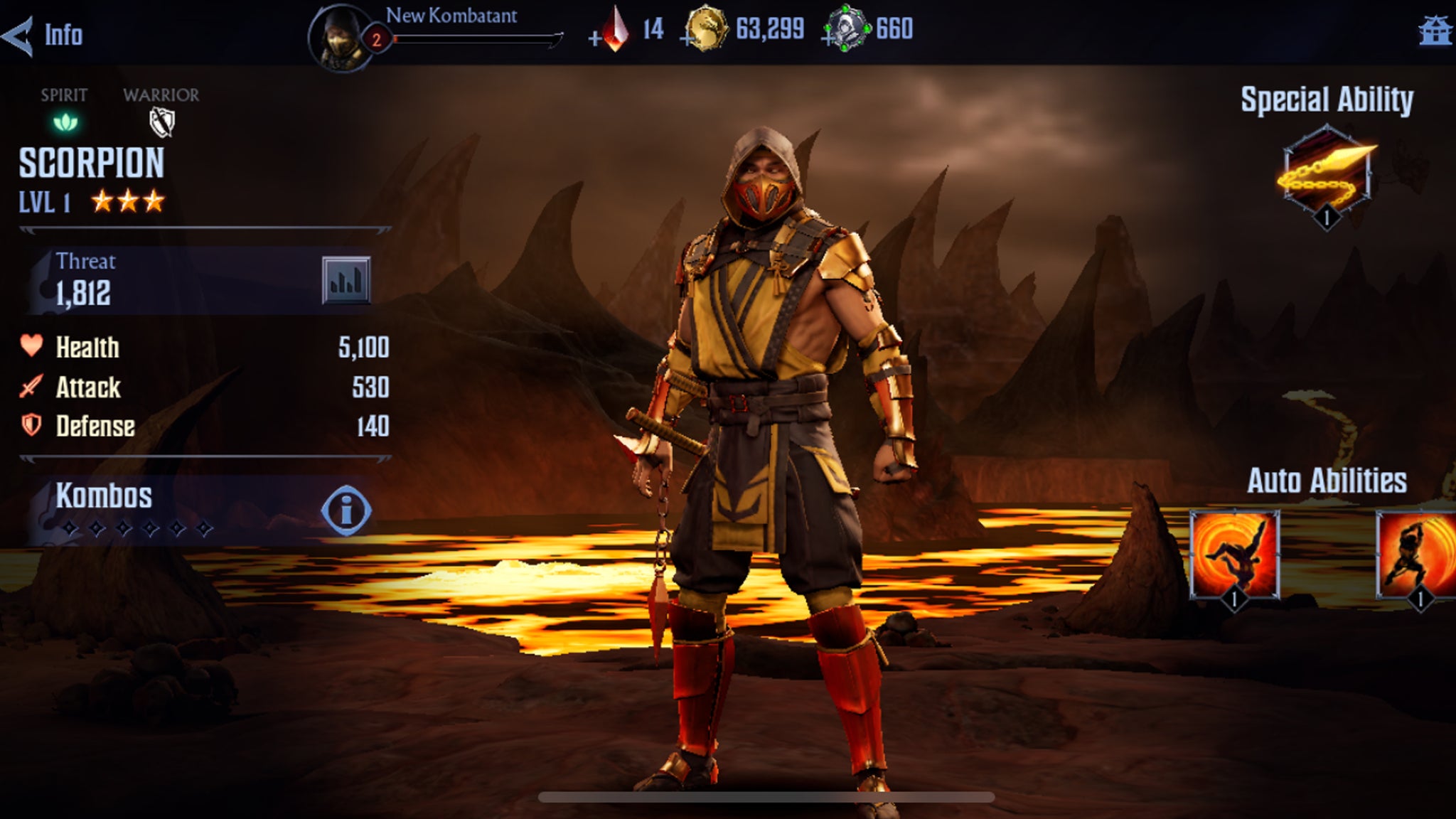 Character stats for Scorpion in Mortal Kombat Onslaught. - 5