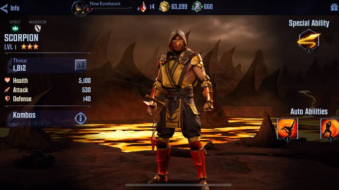 Character stats for Scorpion in Mortal Kombat Onslaught.