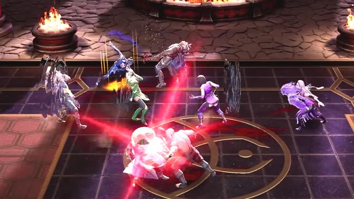 A gameplay shot from Mortal Kombat: Onslaught's trailer showing two teams of four Mortal Kombat characters battling it out in an expansive chamber featuring a tiled floor and burning braziers.