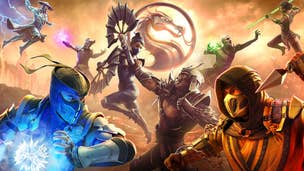 Artwork for Mortal Kombat Onslaught showing a selection of characters including Sub Zero and Scorpion.