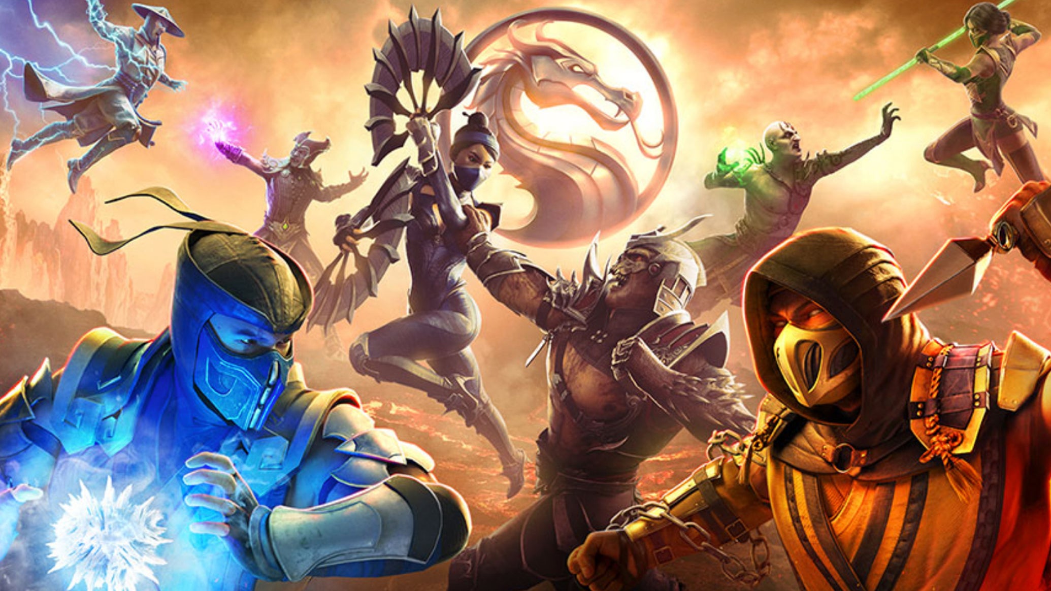 Artwork for Mortal Kombat Onslaught showing a selection of characters including Sub Zero and Scorpion. - 1