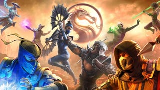 Mortal Kombat: Onslaught promotional art showing eight classic fighters battling it out beneath the series' dragon logo.
