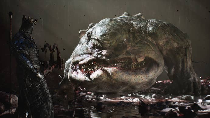 A large frog monster faces the subordinate successful the dark.