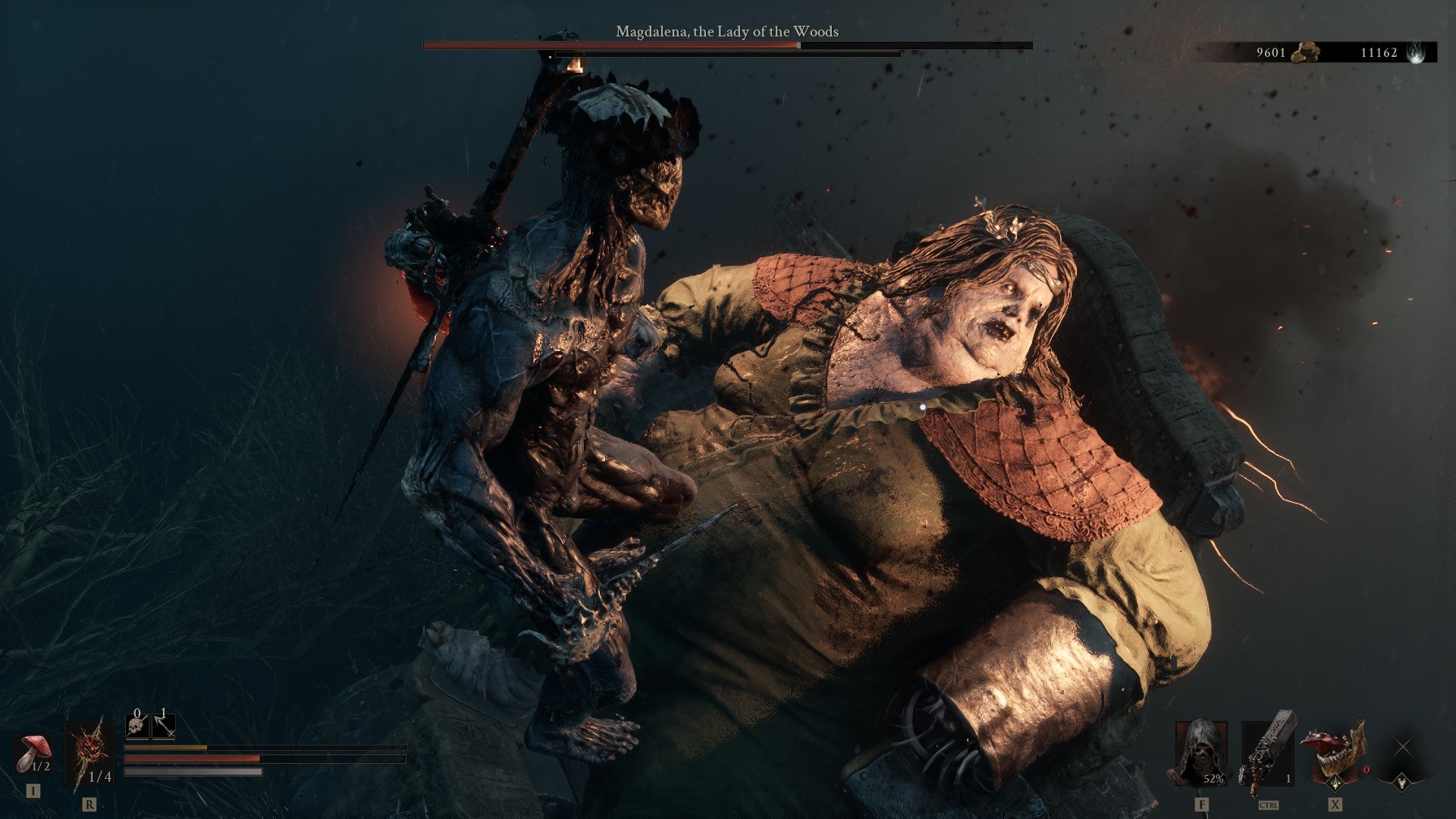 The Harbinger stands atop Magdalena, Lady of the Wood, and prepares to stab her silly in Mortal Shell 2.