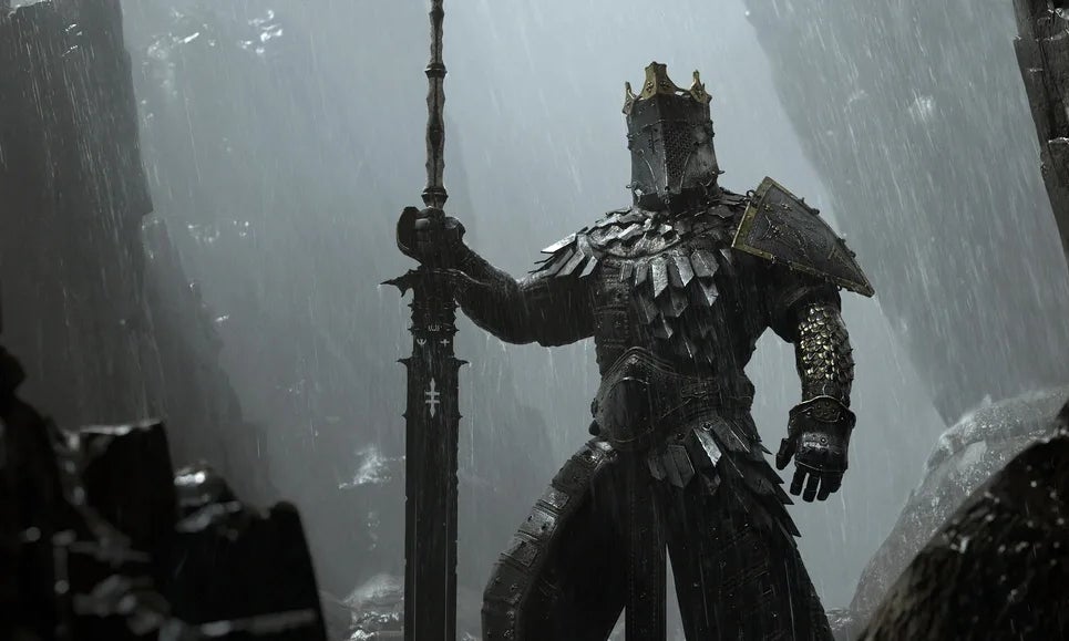 Mortal Shell 2 official screenshot of an enemy knight in heavy armour with a long sword, looking ominous against a stony background