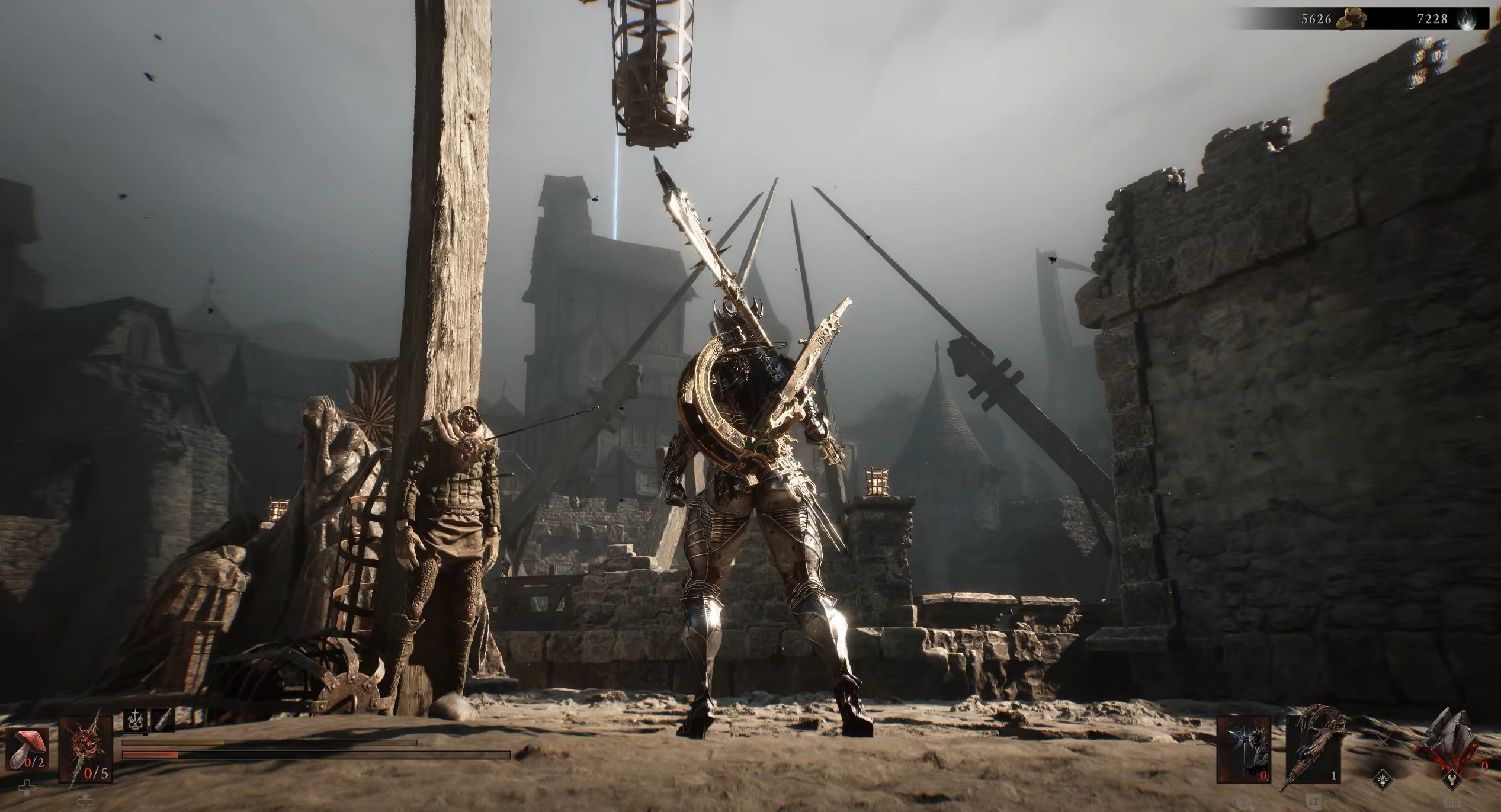 A low angle showing Mortal Shell 2's Proxima looking to the horizon as she stands next to a corpse nailed to a post.