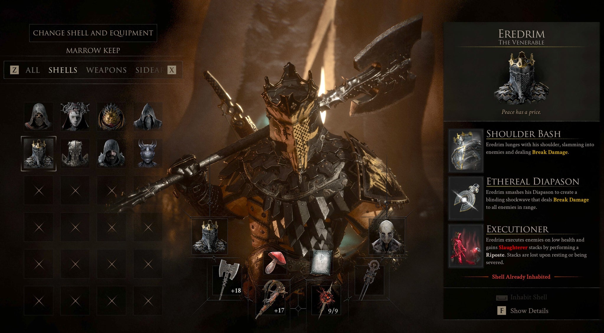 A screenshot showing the Shell inventory screen in Mortal Shell 2, with Eredim at the centre and icons for all eight Shells sorted in a grid on the left.