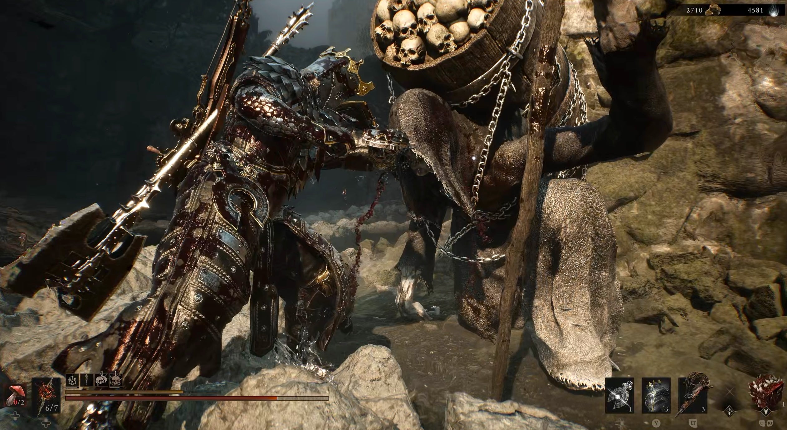 A screenshot showing Mortal Shell 2's Eredrim plunging the sharp end of his Seal into the head of an enemy in a finishing move.