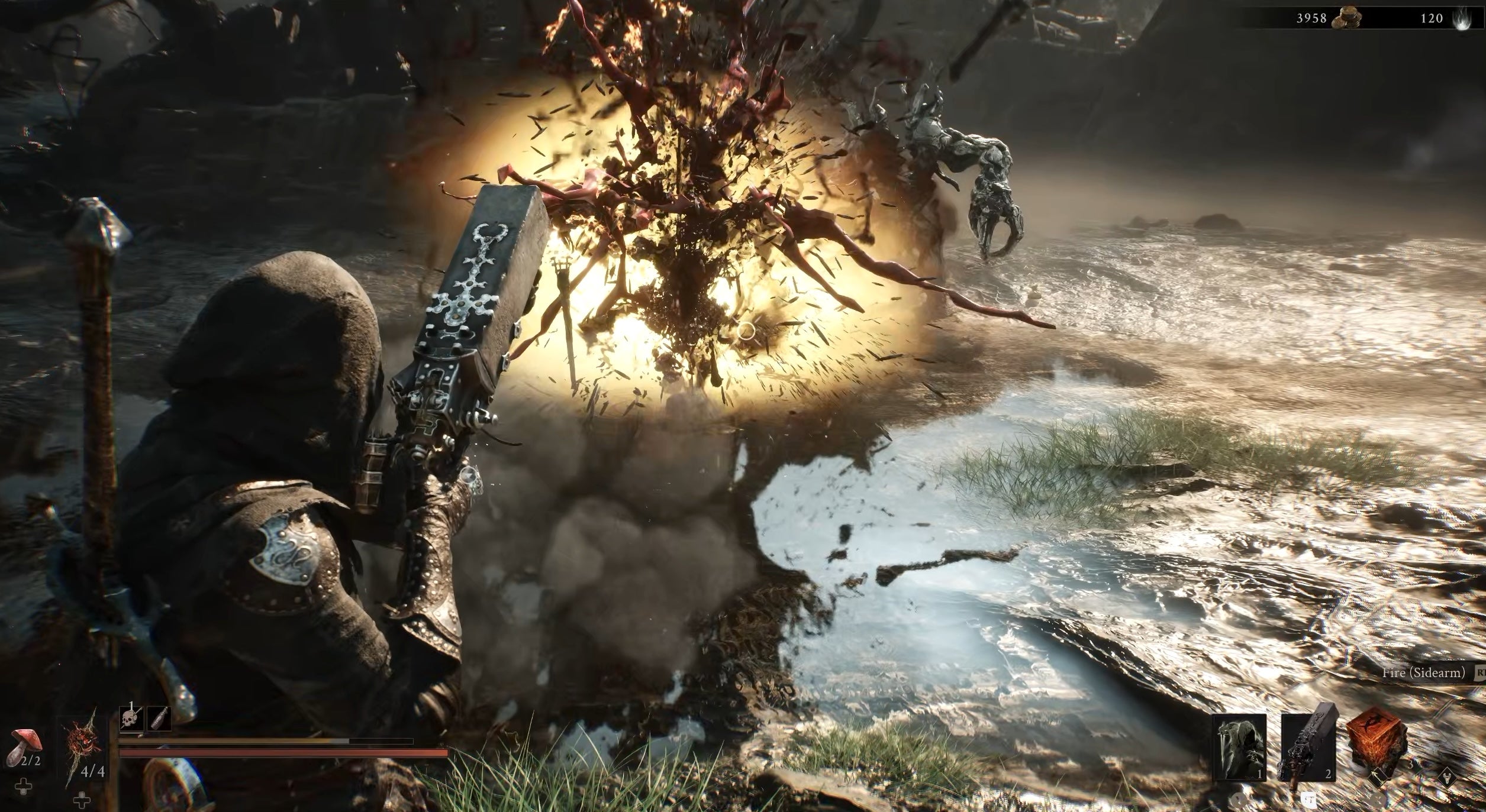 Mortal Shell 2's Tiel fires off a shotgun-like sidearm, turning a enemy into red mist.