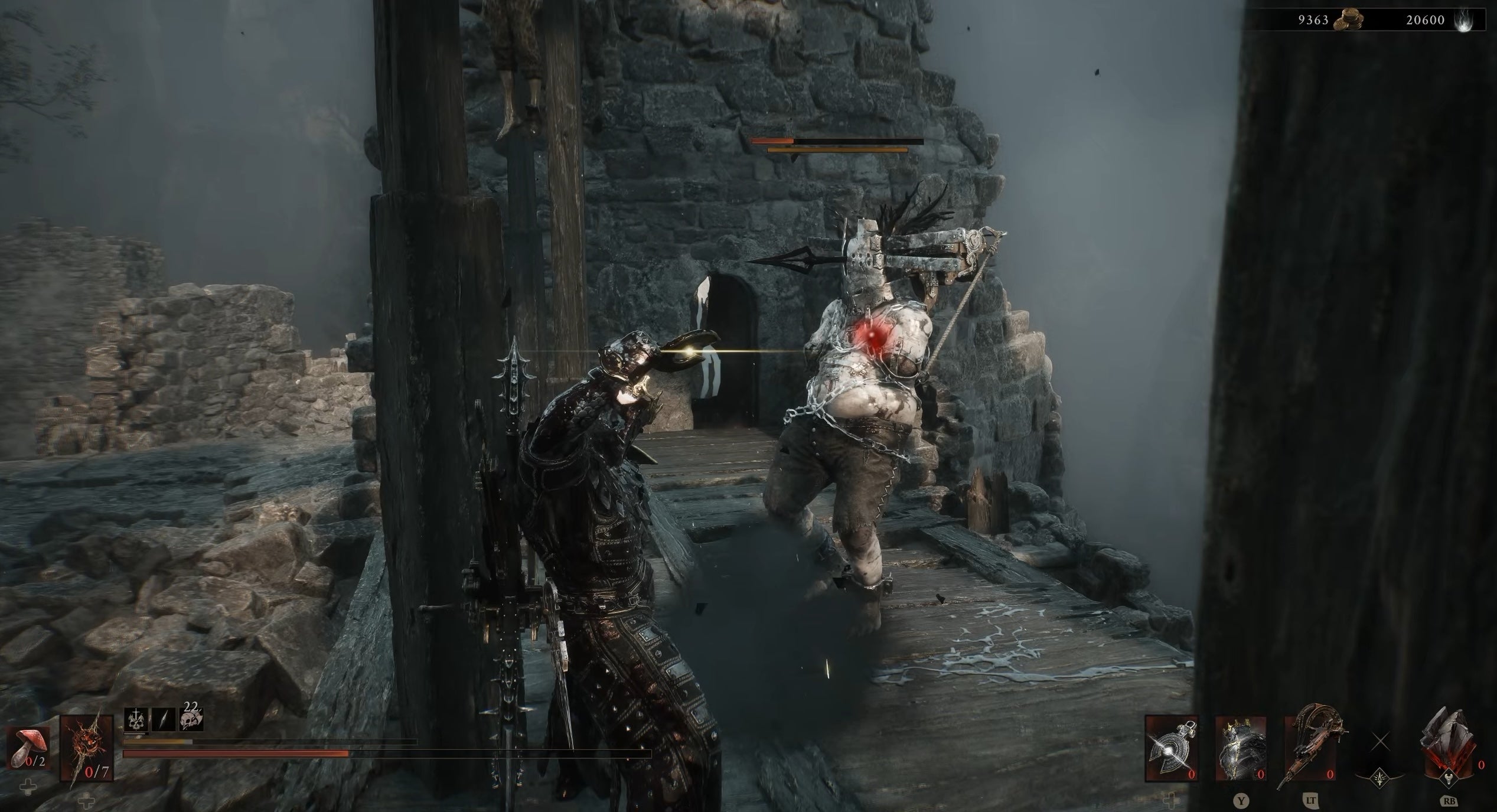 Mortal Shell 2's Eredrim uses his Ethereal Diapason to stun an enemy with a crossbow for a head.
