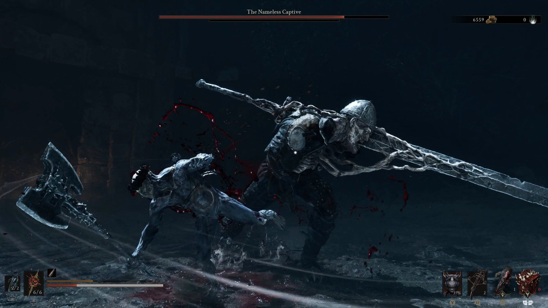 The Nameless Captive, a deceased soldier with a giant blade stuck in its head, swipes at the Harbinger in Mortal Shell 2.