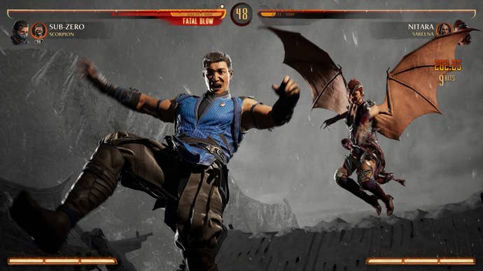 Sub-Zero is attacked by Nitara in a rainy battle in Mortal Kombat 1