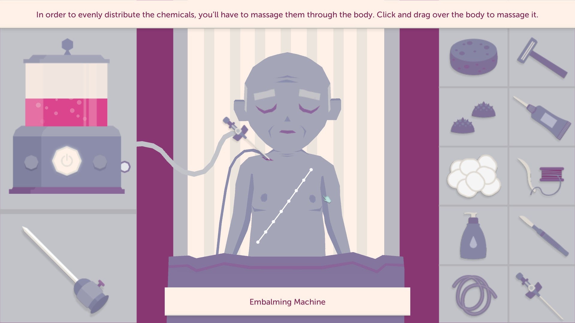 An almost cartoon-like depiction of a body on a mortician&rsquo;s table, awaiting treatment. There&rsquo;s an embalming machine on the left and tools on the right.