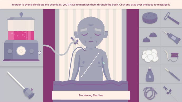 An almost cartoon-like depiction of a body on a mortician’s table, awaiting treatment. There’s an embalming machine on the left and tools on the right.