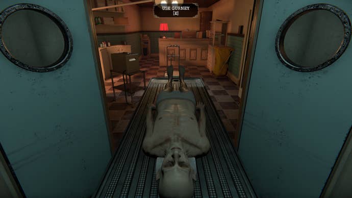 The body of an elderly man on a mortuary trolley, moving between rooms.
