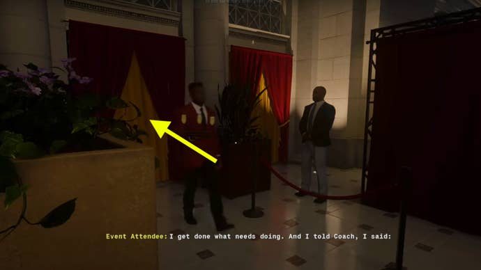 Exploring the Gala in Black Ops 6’s Most Wanted mission. An arrow points in the direction of curtains that lead to the safe room.