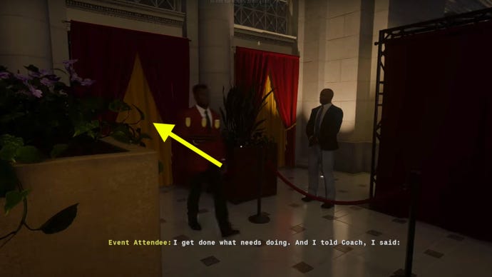 Exploring the Gala in Black Ops 6’s Most Wanted mission. An arrow points in the direction of curtains that lead to the safe room.