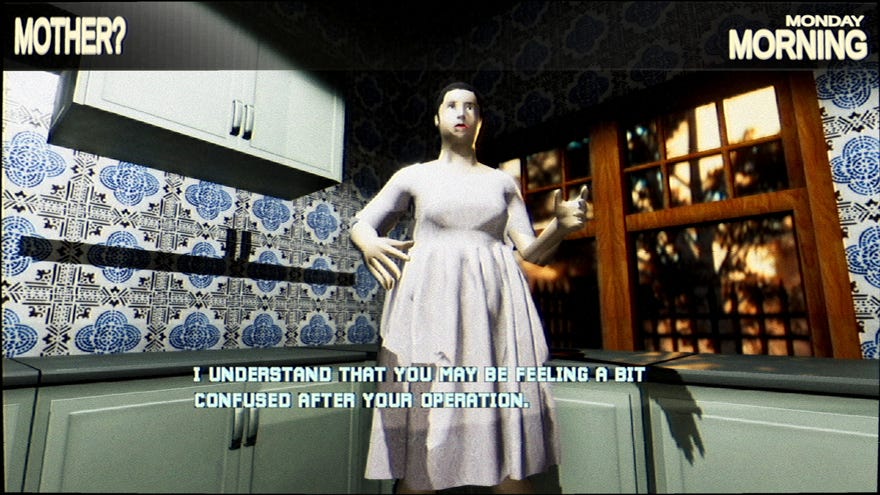 Talking with eerie Mother in a Mothered screenshot.