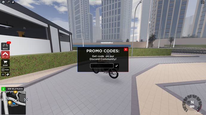 A screenshot from Moto Trackday Project in Roblox showing the game's codes page.