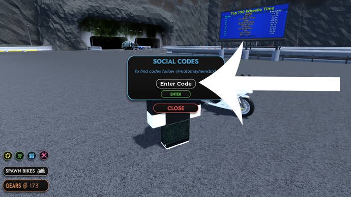 Arrow pointing at the codes screen in Roblox game Motorcycle Mayhem.