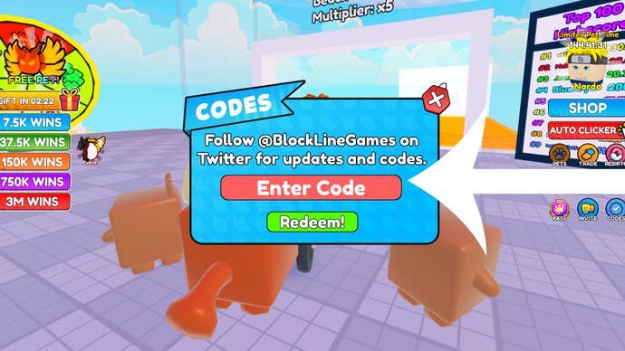 Arrow pointing at the codes menu in the Roblox game Motorcycle Race.