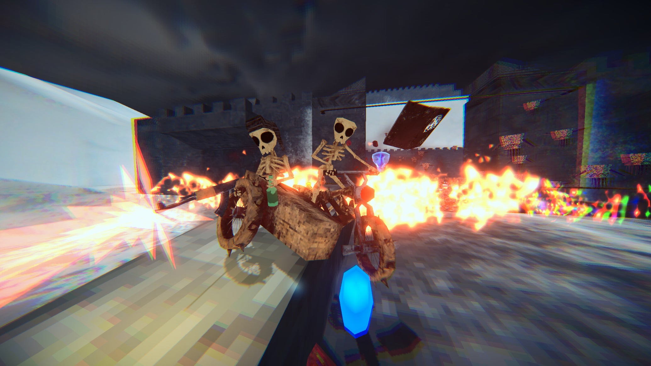 Two skeletons ride a bike and sidecar while shooting a gun in Motordoom. - 1