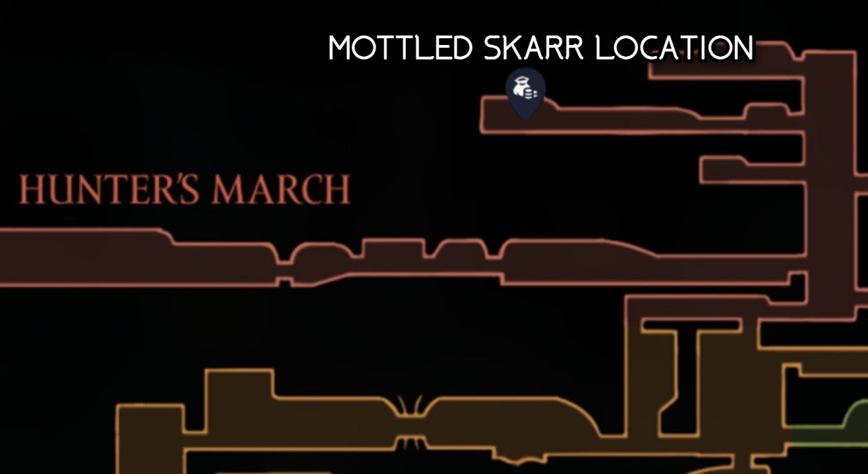 A map of Hunter's March in Hollow Knight: Silksong, showing the location of the hidden Mottled Skarr seller. - 5