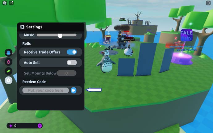 A screenshot from Mount RNG in Roblox showing the game’s codes field.