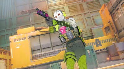 A screenshot of Mountaintop's first game, a tactical shooter. The screen shows an industrial warehouse-like interior with a masked character dressed in gaudy green and black gear walking through the area with a purple, black, and green gun at the ready.