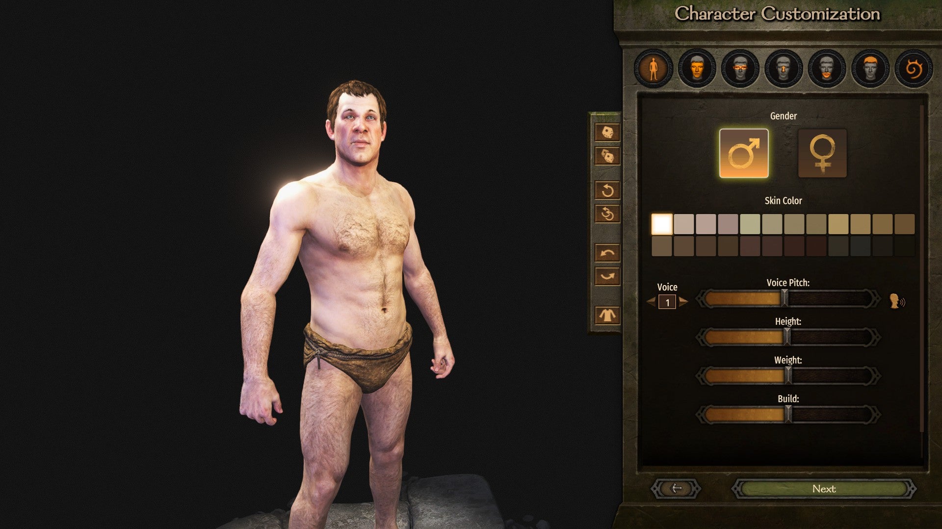 A man, naked apart from his brown canvas pants. He is hairy. He looks like a villager from a Shrek film. This is the character creator for Mount &amp; Blade 2: Bannerlord. On the right are all kinds of body-altering options.