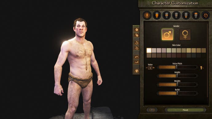 A man, naked apart from his brown canvas pants. He is hairy. He looks like a villager from a Shrek film. This is the character creator for Mount & Blade 2: Bannerlord. On the right are all kinds of body-altering options.