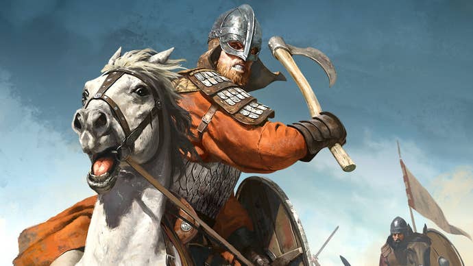 A soldier riding a horse towards the viewer, lifting an axe as if to ride past and hit the viewer. Charming!