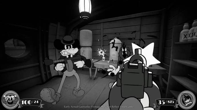 The player fires a tommy gun at gangster mice in cartoony shooter Mouse