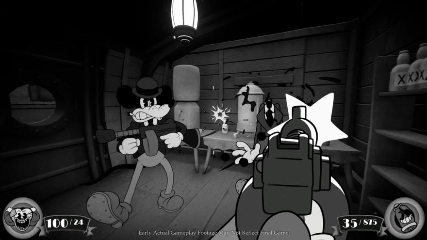 The player fires a tommy gun at gangster mice in cartoony shooter Mouse
