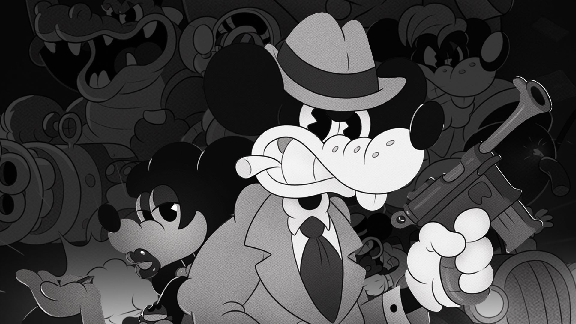 Mouse P.I. for Hire artwork showing tommy-gun-toting mouse protagonist Jack Pepper surrounded by his cartoon friends.