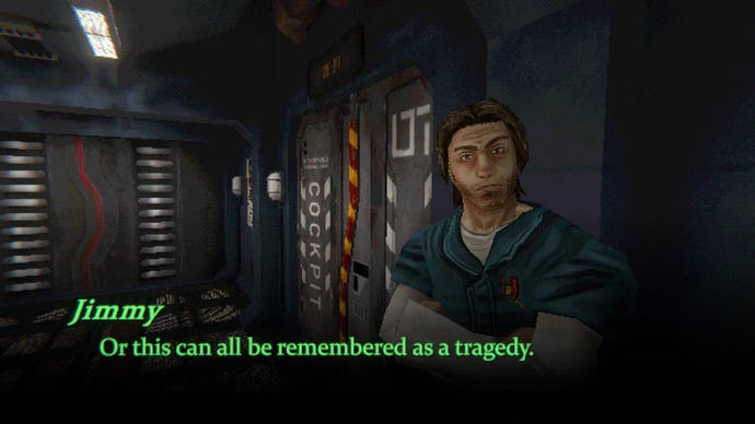 Jimmy stands in the corridor of the space ship.