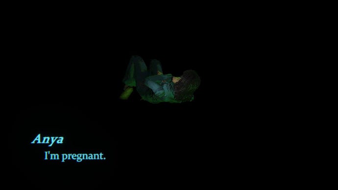 Anya curls up and says "I'm pregnant" against a fully black background.